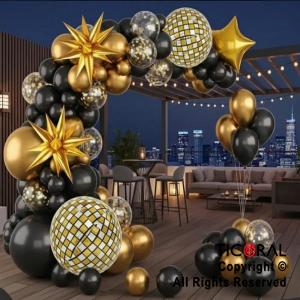 SET DE GLOBOS ARCO XL ESFERA NEGRO Y ORO LA756 103 UNIDADES